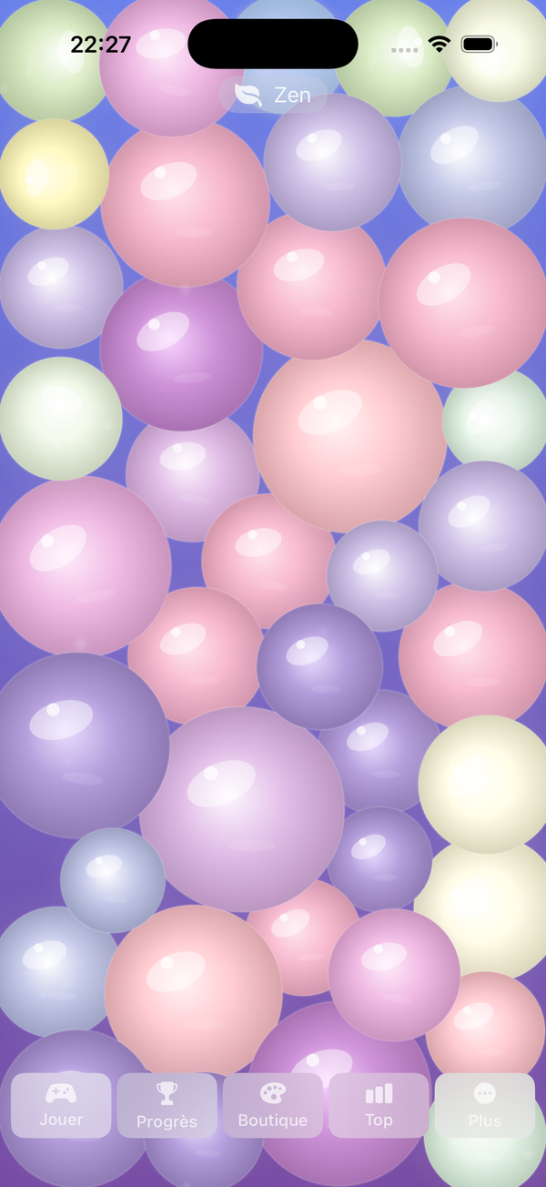 Gameplay PopRelax avec des bulles violettes colorées