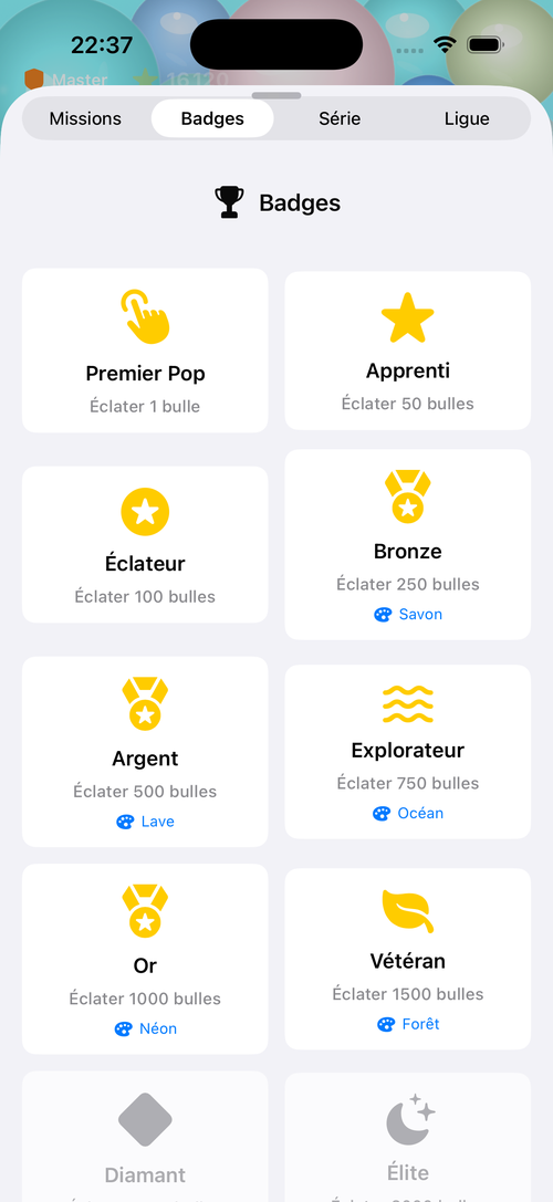 Écran des badges et succès à débloquer dans PopRelax