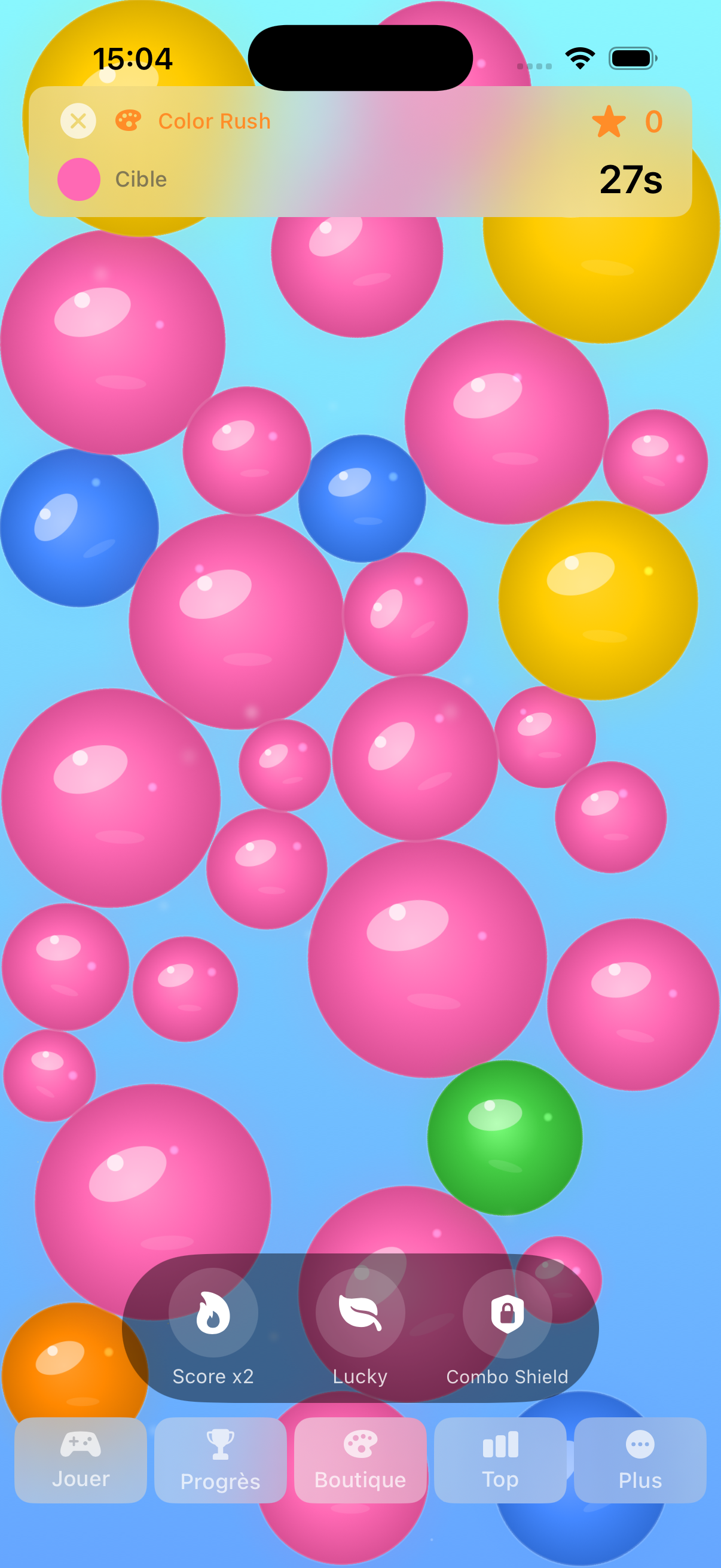 Mini-jeu Color Rush dans PopRelax avec des bulles colorées à éclater