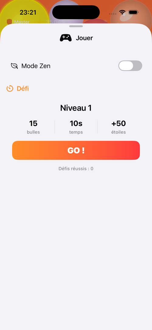 Écran du mode Défi Chrono dans PopRelax