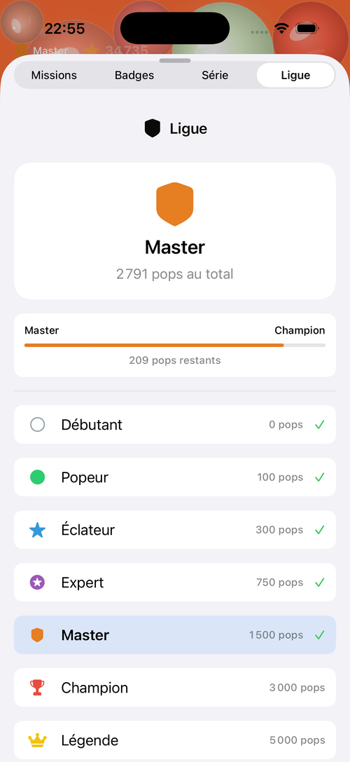 Écran des ligues et classement dans PopRelax