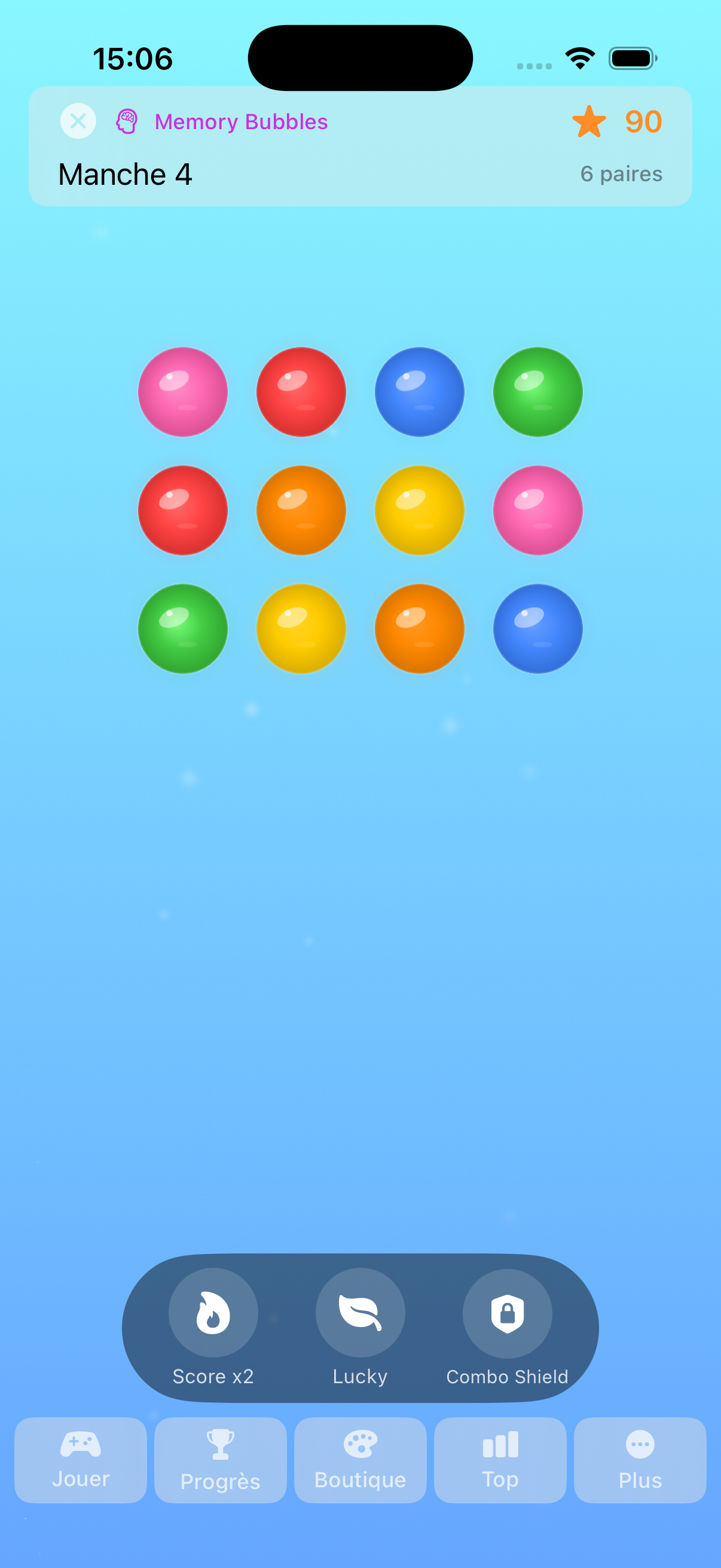 Mini-jeu Memory Bubbles dans PopRelax avec des paires de couleurs