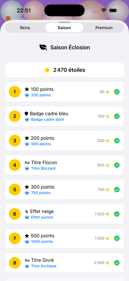 Écran de la Saison Éclosion avec les récompenses dans PopRelax