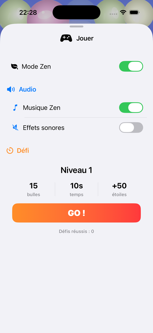 Écran du mode Zen relaxant dans PopRelax